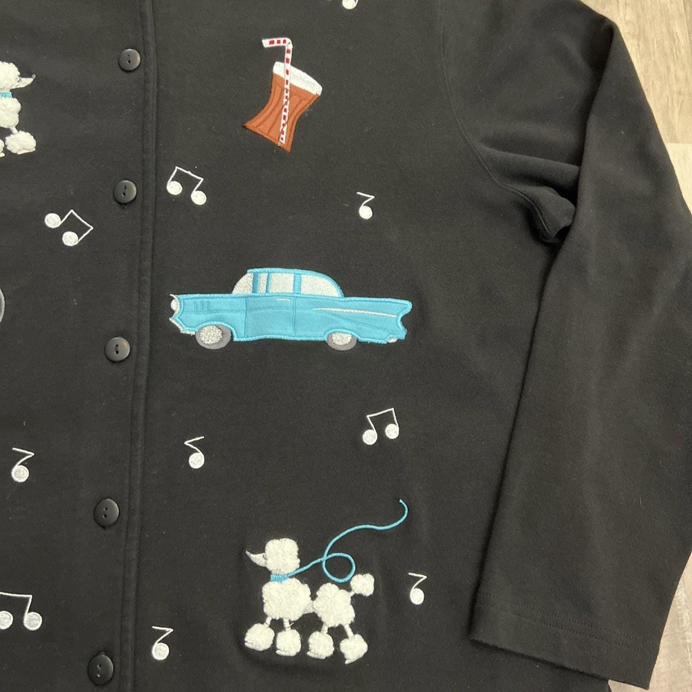 Bechamel Cardigan Sweater Womens Size XL 50s Design Poodle Music Car Sock Hop - Picture 6 of 9